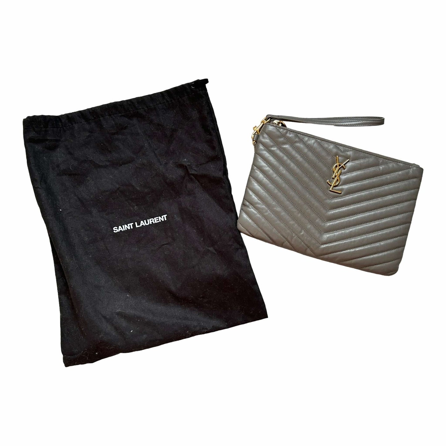 Pre Loved Saint Laurent Quilted Pouch in Pebble Grey