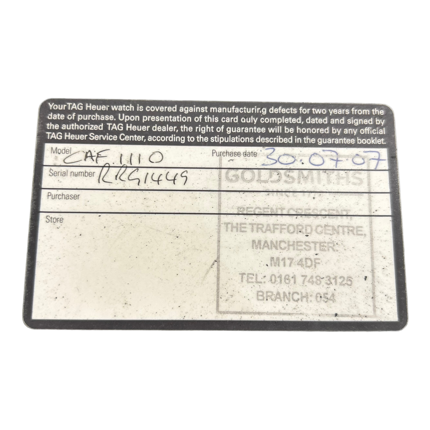 Tag heuer CAF1110 Card